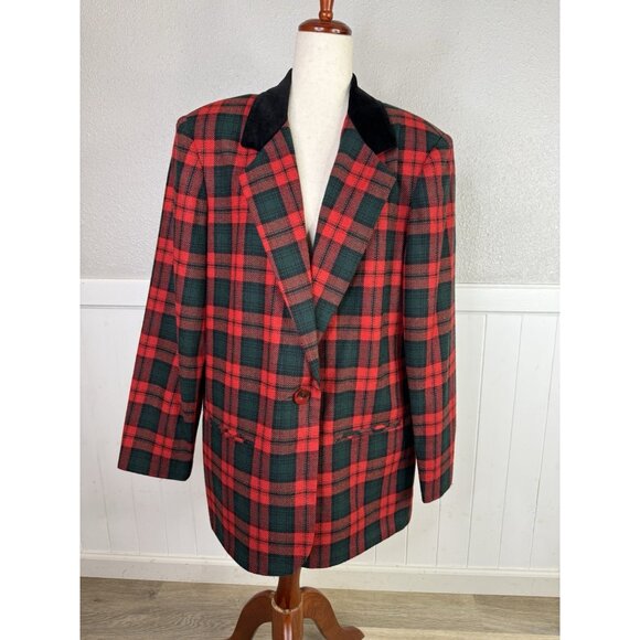 Sag Harbor Blazer Womens 16 Jacket Green Red Tartan Plaid Holidays Academia Wool - Picture 2 of 12